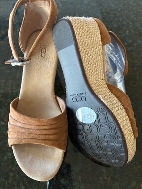 UGG Women’s Brown Suede Wedge Sandals with Ankle Strap